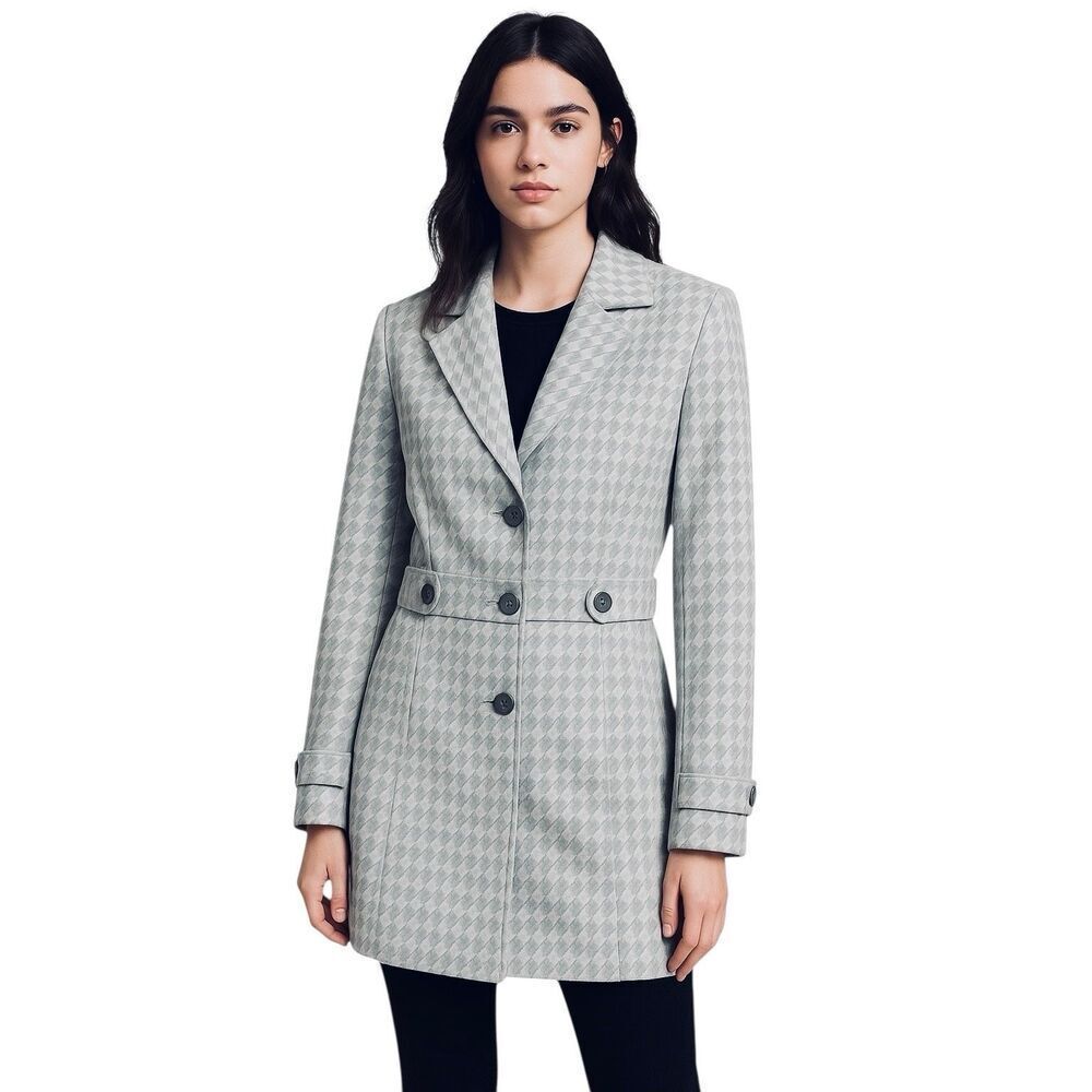 Jones Wear Stretch Houndstooth Coat Jacket Gray White Longline Blazer Women 14